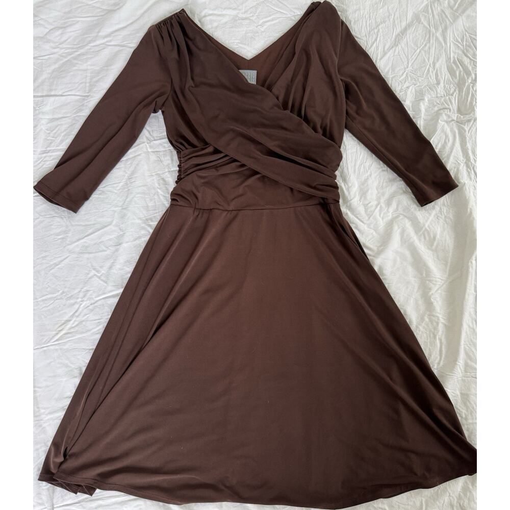 Rabbit Rabbit Designs Brown V-Neck Ruched Fit & Flare Knit Dress 3/4 Sleeve 8